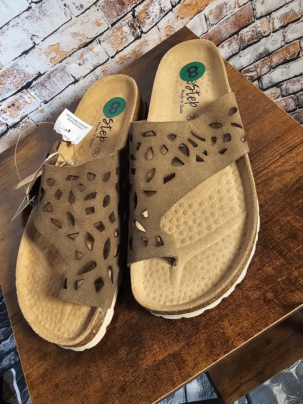 Biostep Spain Genuine Leather Laser Cut Slide Sandals Taupe Brown Size 38 US 8